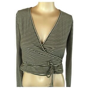 Blue Blush Olive Striped Wrap Tie Front Cropped Top Ballet Style - Small